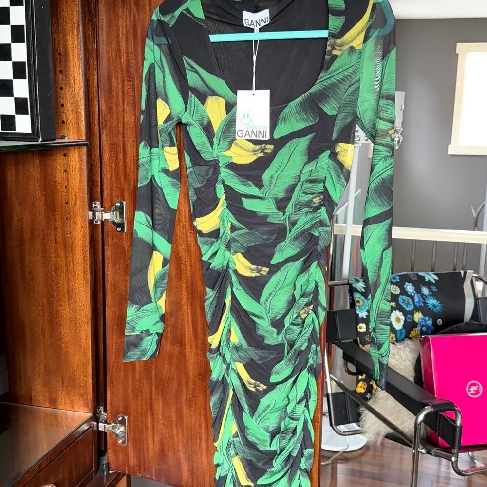 Ganni Black Dress with Green & Yellow Leaf Print in Black — Ruched Long Sleeve